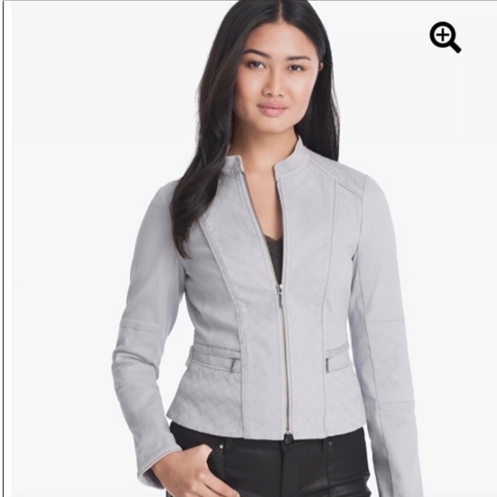 White House Black Market Light Gray Quilt Stitch Moto Jacket Size 12 Zip Front
